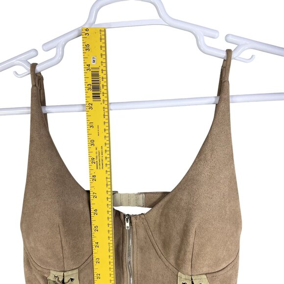 Better Be L Tan Vegan Suede Mini Dress Zip Front Lace Up Stretchy Costal Cowgirl - Picture 11 of 16